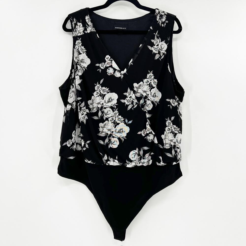 Fortune + Ivy Women's Black White Floral Sleeveless Tank Bodysuit Top Size XXL‎
